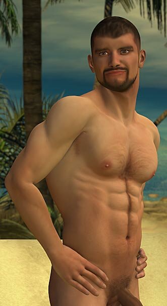 Sexy beach hunk shows off his muscular body and thick cock on a deserted beach