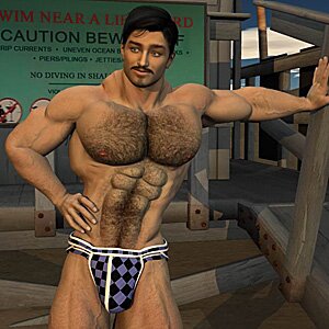 massive 3d man an the beach